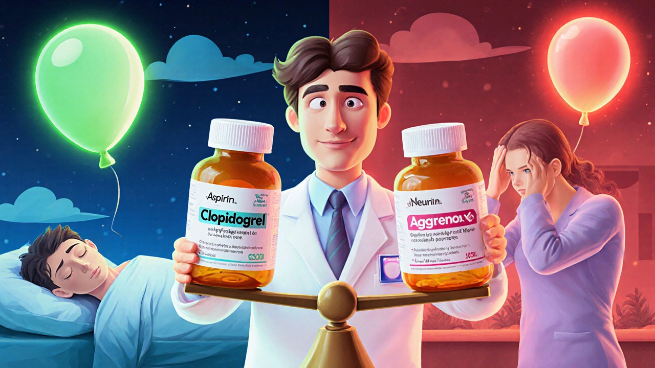A doctor holding three pill bottles on a scale, with Aggrenox weighing it down, in DreamWorks style.