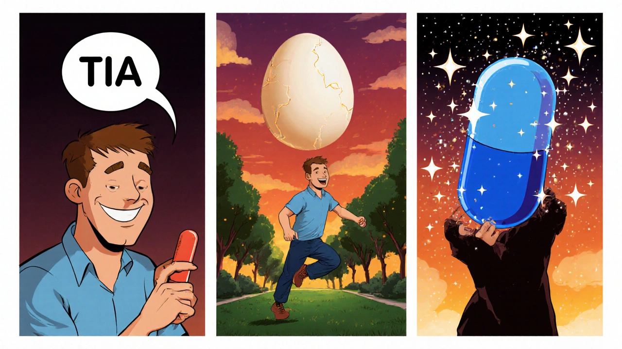 A patient’s journey from aspirin to clopidogrel to Aggrenox and finally ticagrelor, shown in three comic panels, DreamWorks style.