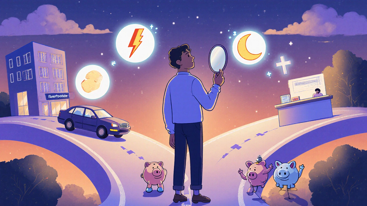 Adult at a twilight crossroads choosing between work, driving, sleep, and pharmacy, guided by cartoon pill mascots.