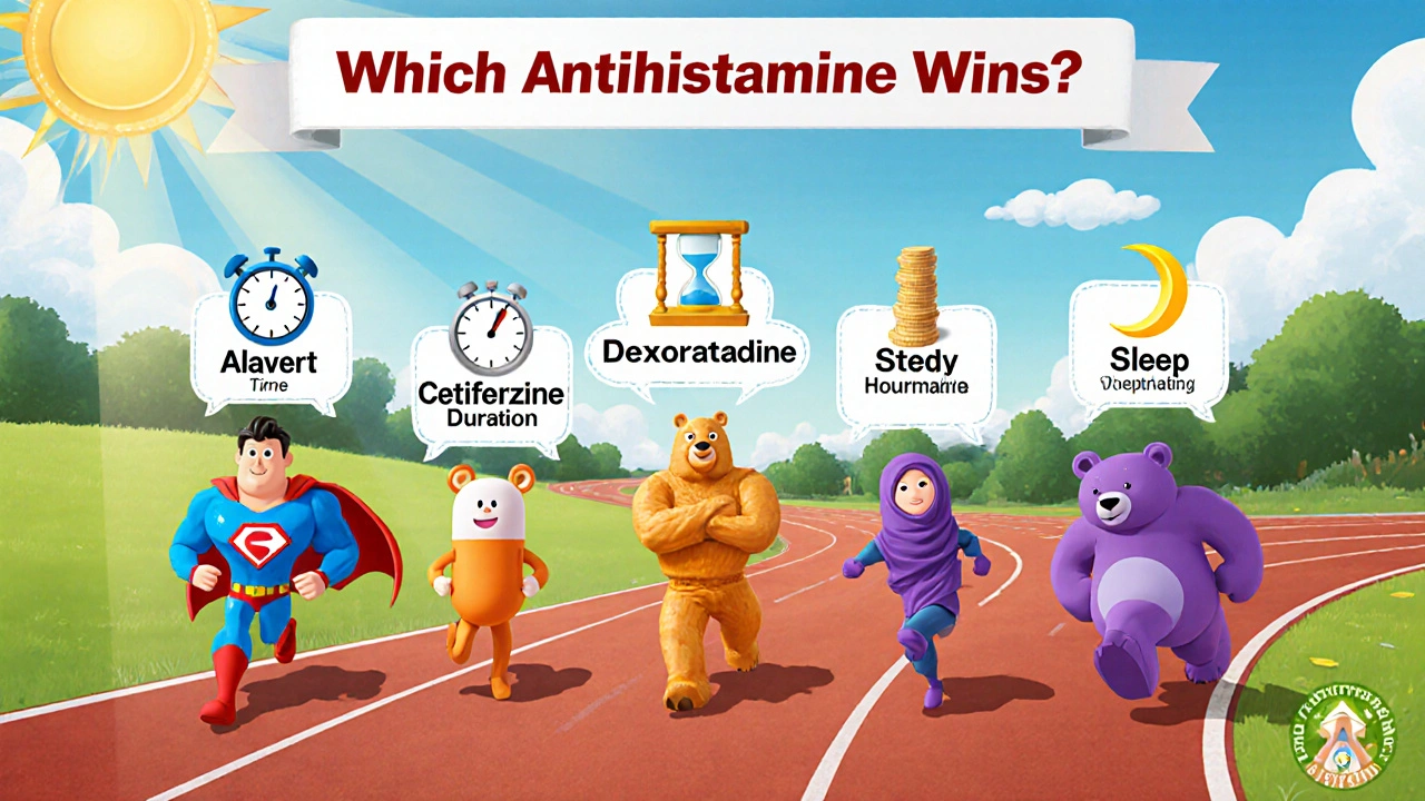 Animated antihistamine characters racing on a meadow track, each showing onset, duration, sedation, and price icons.
