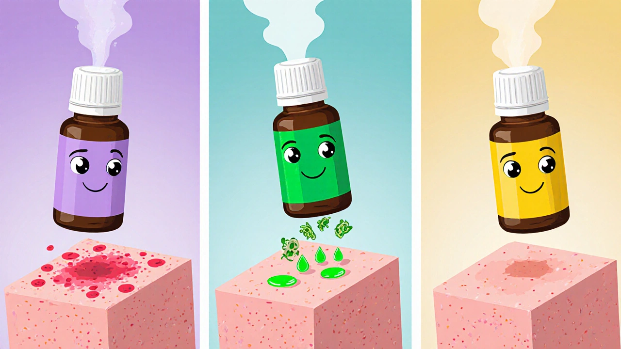 Animated oil bottles soothe inflamed skin patches with lavender, tea tree, and chamomile.