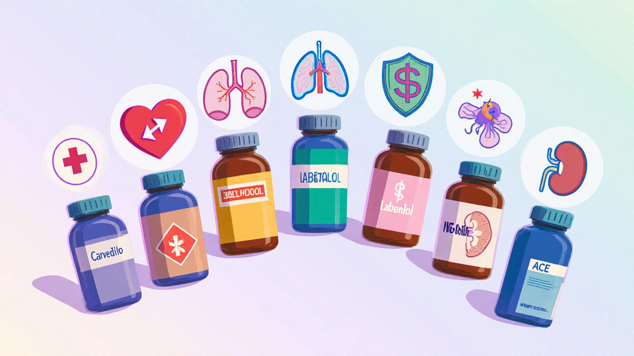 Array of medication bottles with icons indicating each drug's unique traits.