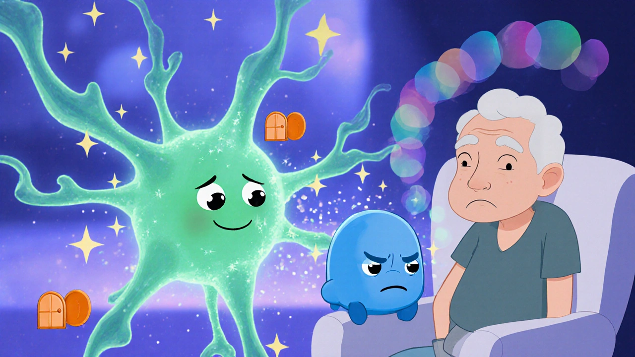 Brain synapse cartoon showing trospium blocking receptors and an elderly figure feeling dizzy.