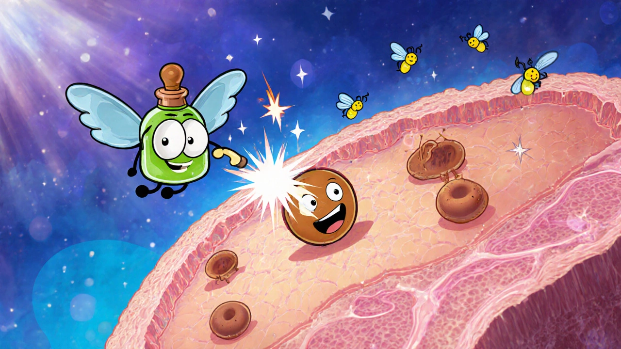 Cartoon cells showing monobenzone disabling melanocyte pigment production.