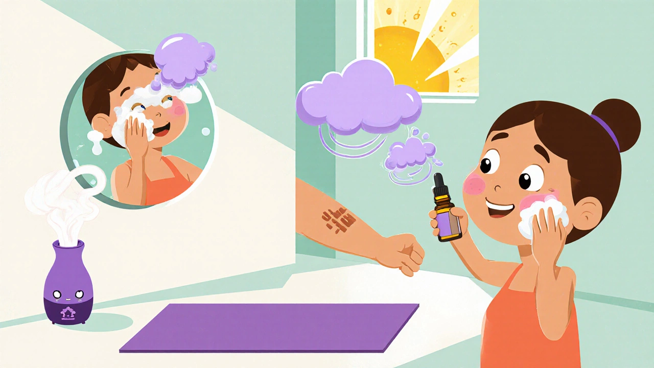 Cartoon character follows a holistic skin‑care routine with cleansing, oil, diffuser, and sunscreen.