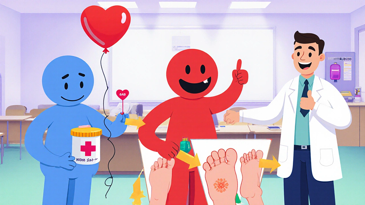 Cartoon characters representing drug classes pointing to swelling on a body silhouette.