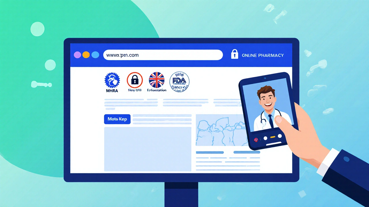 Computer screen showing secure pharmacy site with MHRA badge and doctor video call.