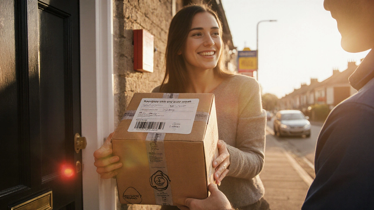 Courier handing sealed medication box with signature area to happy recipient.