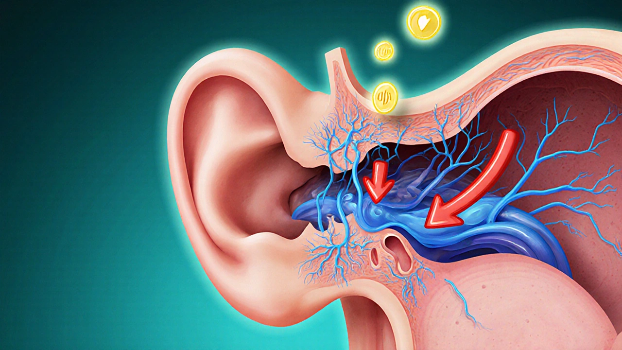 Cross‑section of inner ear shows pressure arrows compressing vessels and sound waves.