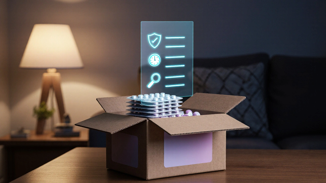 Delivery box on a table with a glowing safety checklist hovering above it.