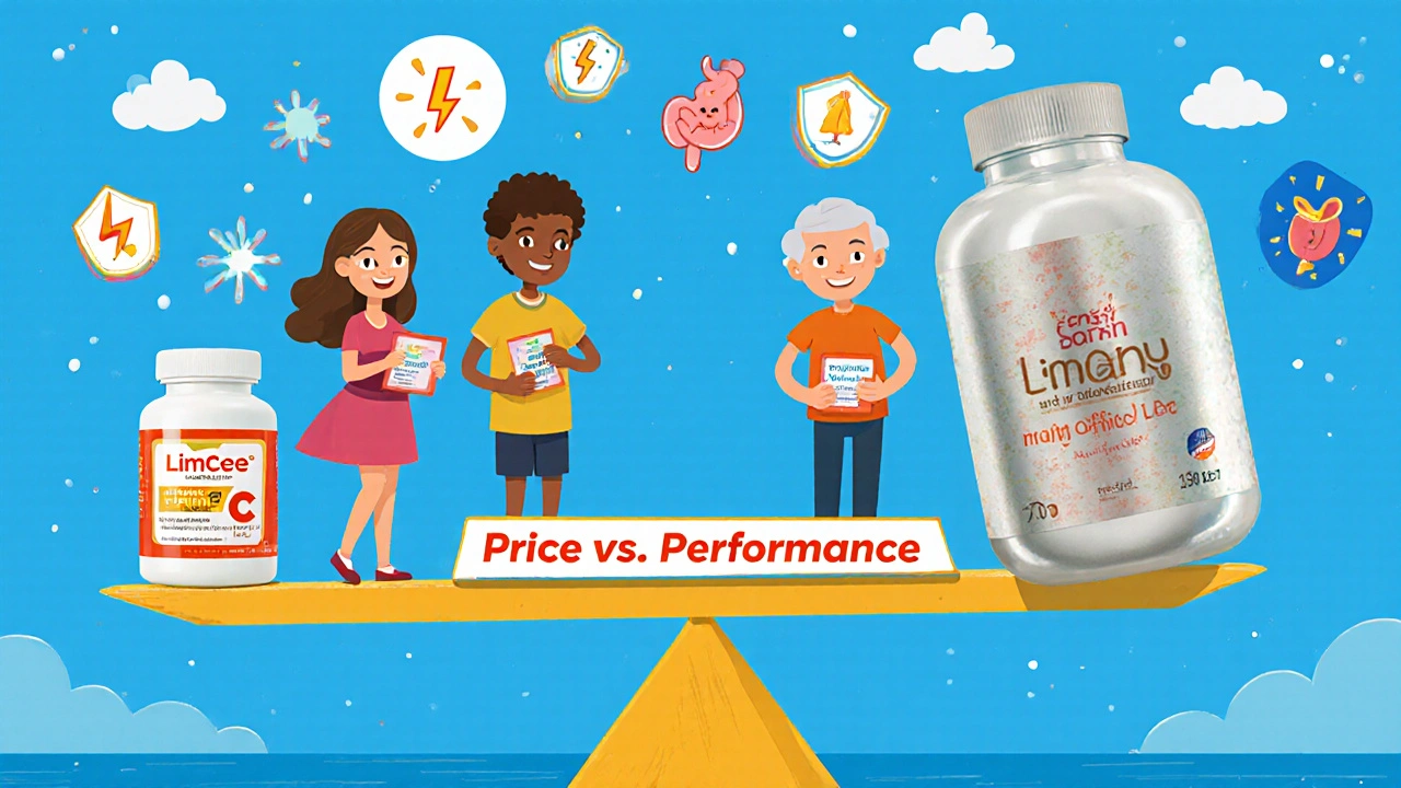 Diverse people on a seesaw scale comparing Limcee with premium vitamin C supplements in vibrant cartoon style.