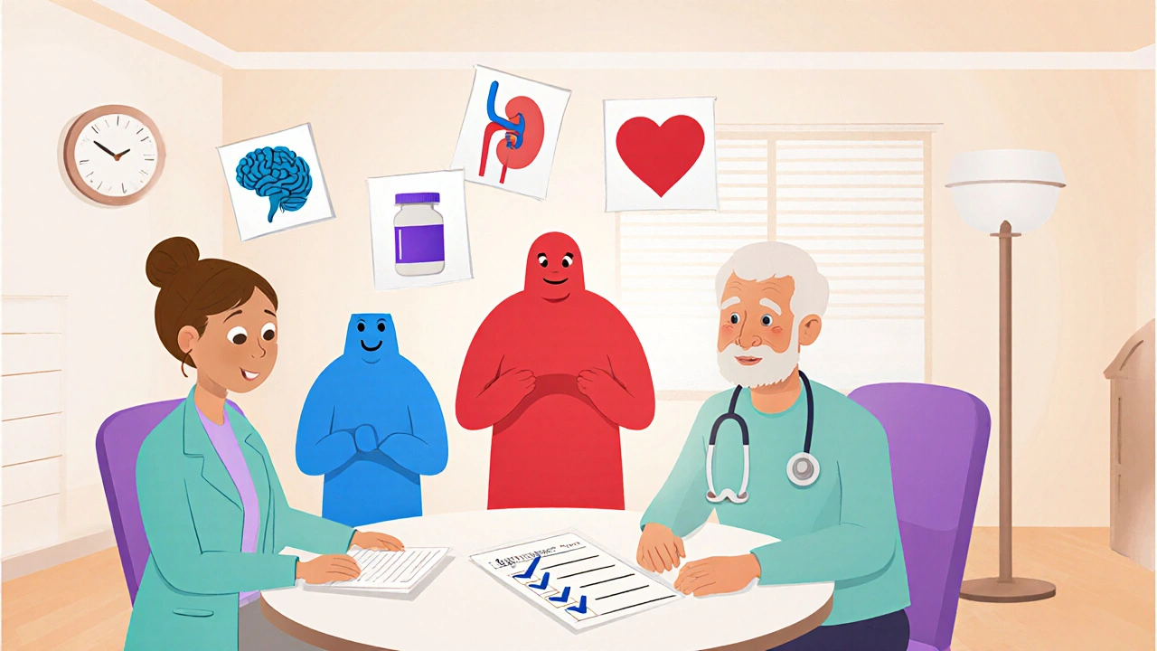Doctor and patient cartoon with checklist and three anticholinergic characters representing drug comparison.