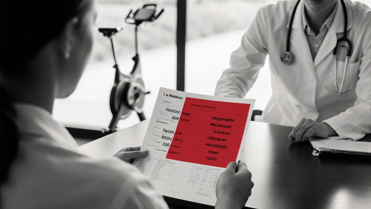 Doctor reviewing blood test with patient, showing red‑highlighted results.