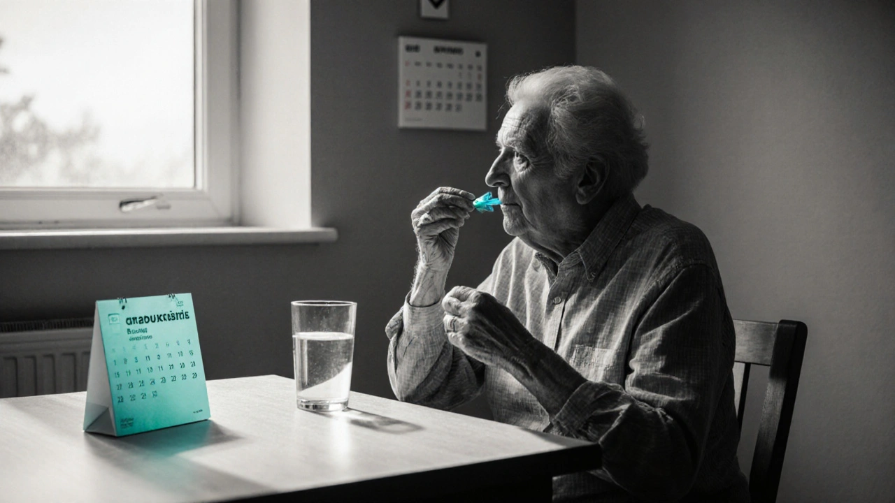 Elderly person taking Bilastine with water at a kitchen table, duotone.