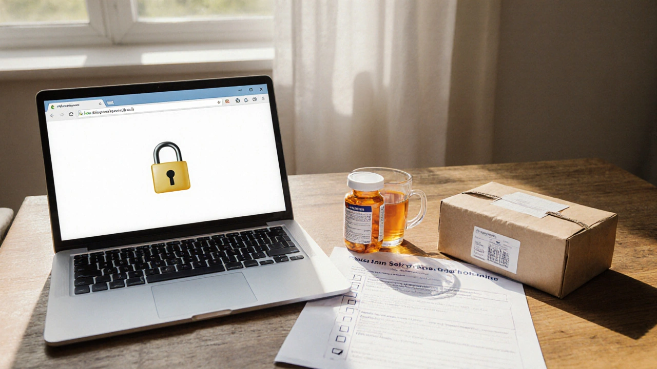 Flat‑lay of laptop with secure lock icon, prescription, checklist, parcel and generic Lipitor bottle on a table.