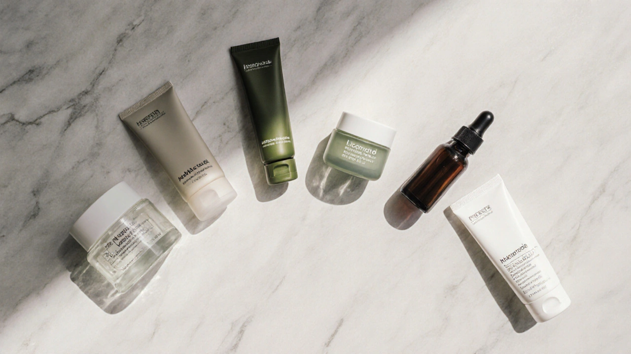 Flat‑lay of seven skincare containers representing different brightening actives.
