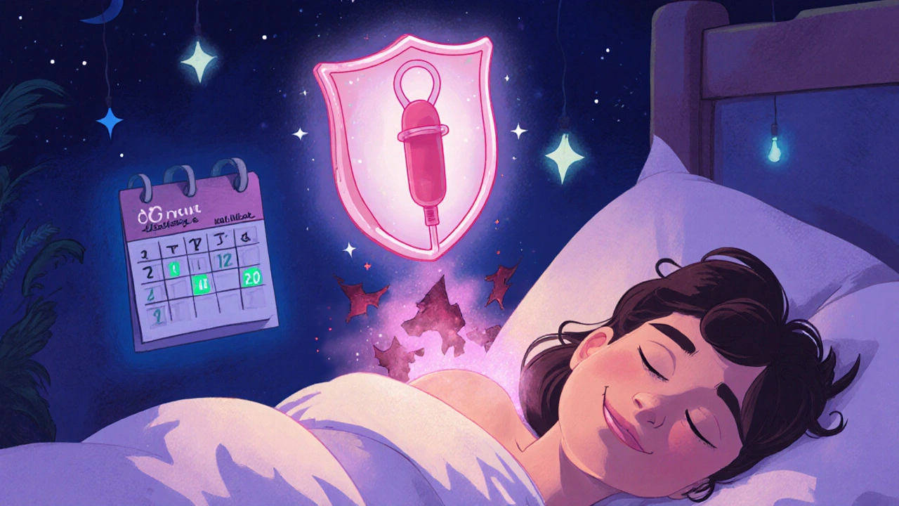 Glowing IUD neutralizing endometriosis patches with peaceful night scene around woman.