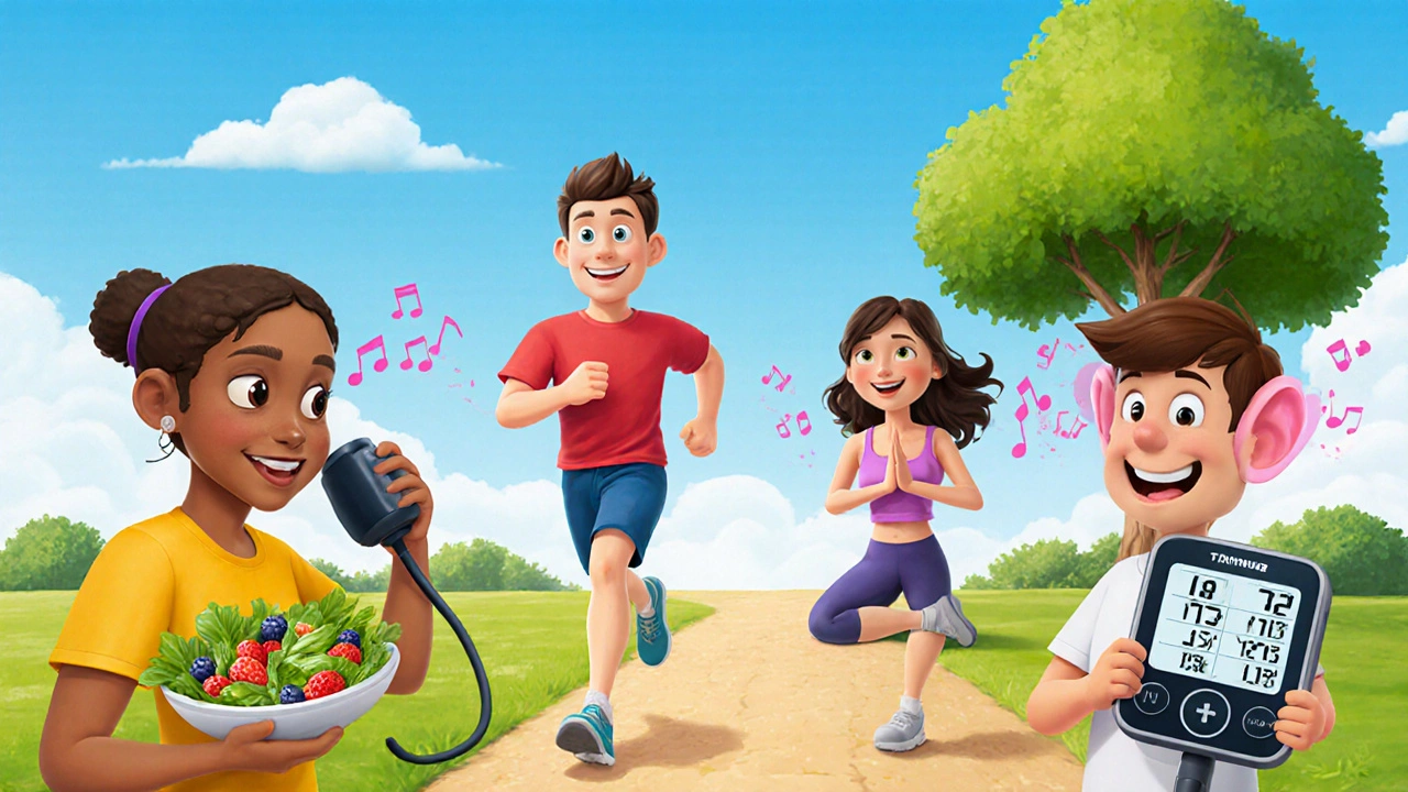 Group of people exercising, eating healthy, and checking blood pressure with smiling ears.