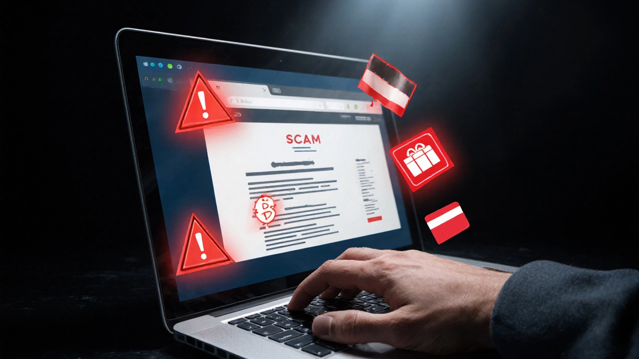 Hand closing a laptop tab while warning symbols and a crypto icon appear on the screen.