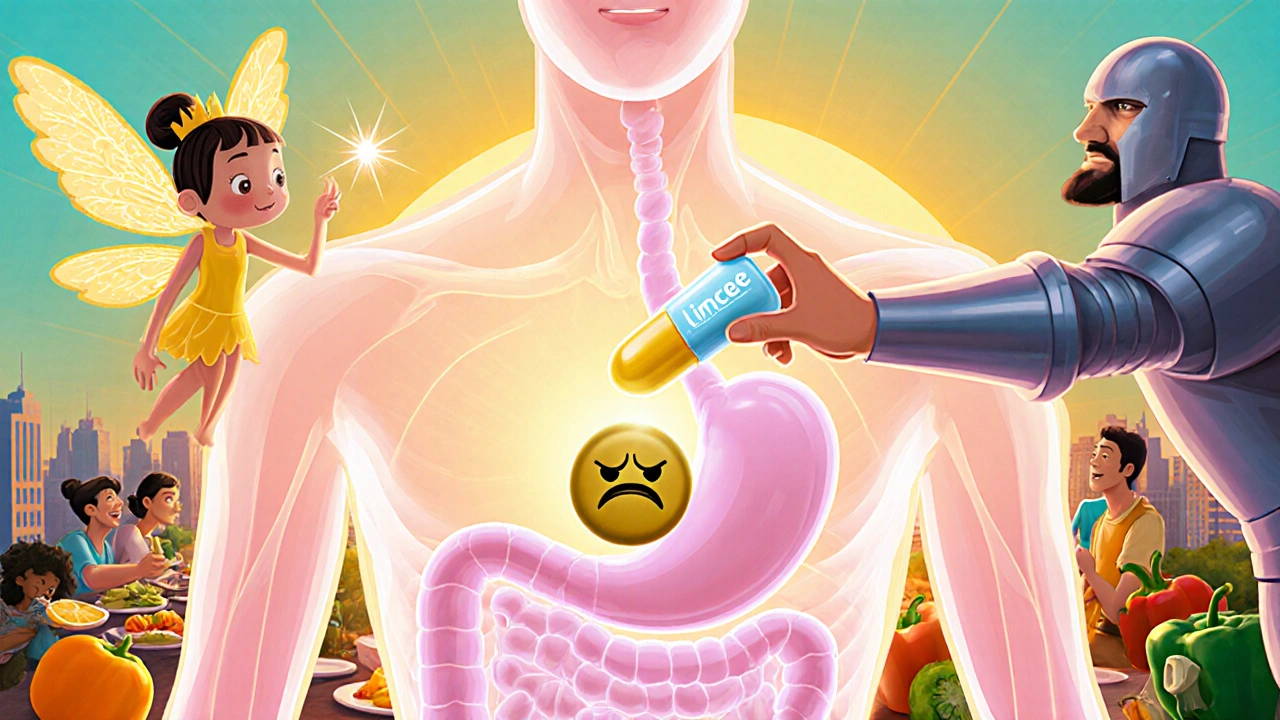 Human body with a frowning stomach being helped by magical vitamin C guardians replacing Limcee with a better capsule.