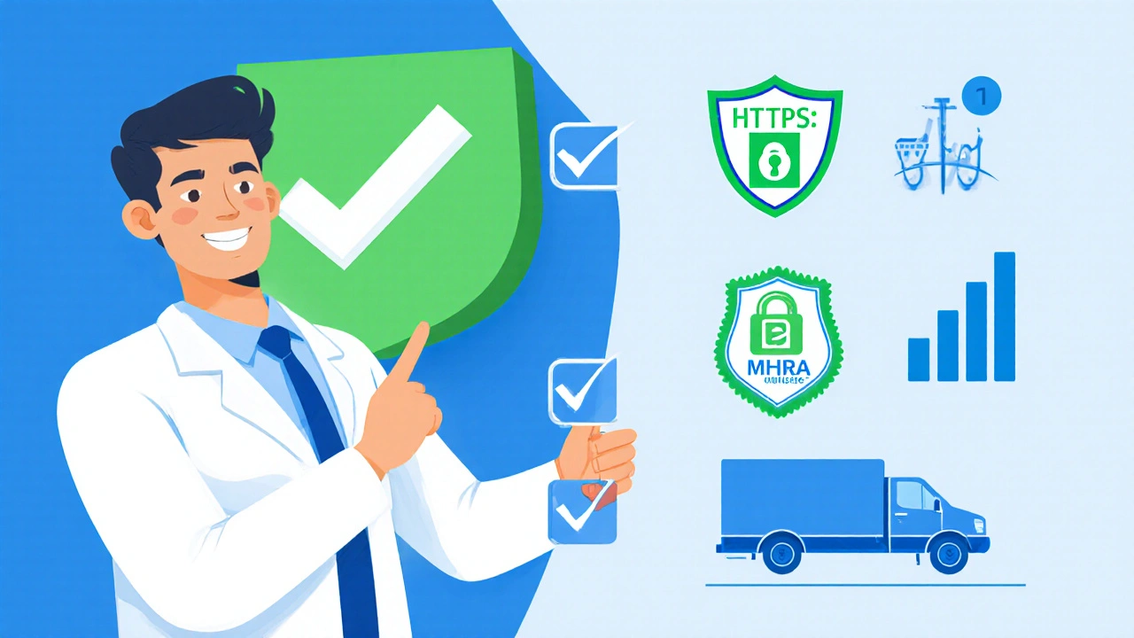 Illustrated pharmacist checklist highlighting safety symbols for online medicine purchase.