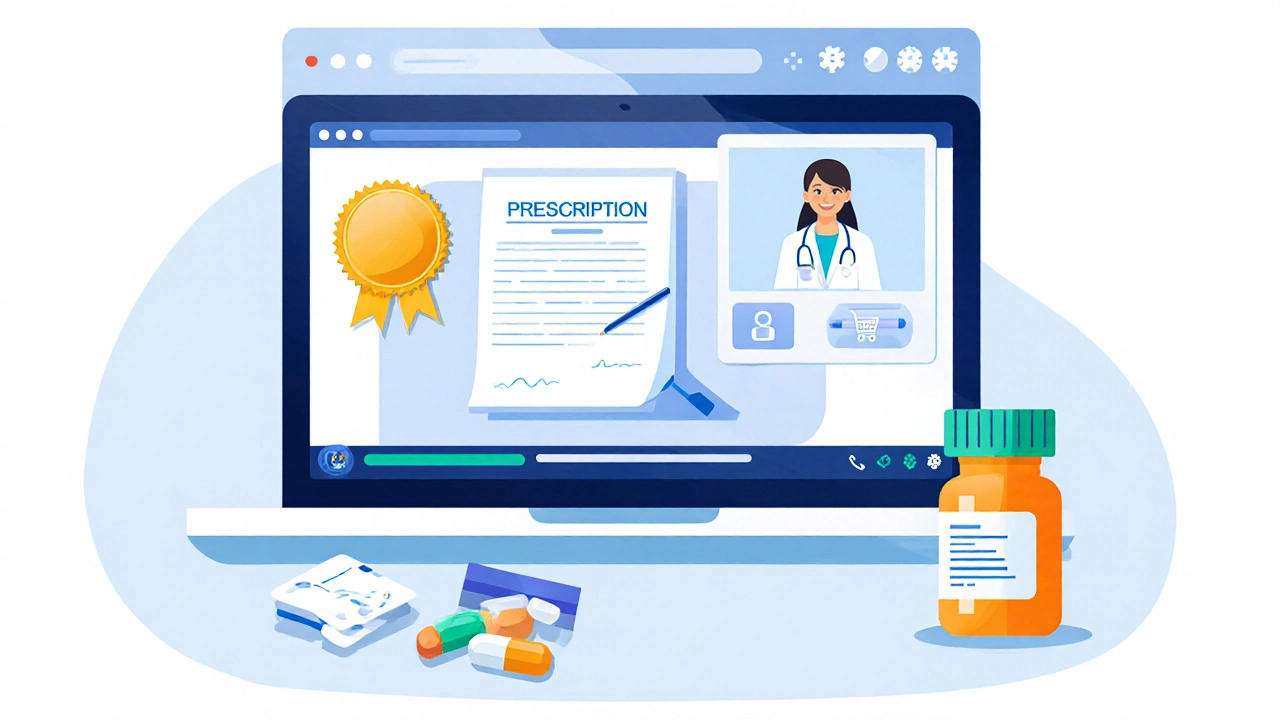 Illustration of a laptop showing a verified pharmacy page with a prescription and cart.