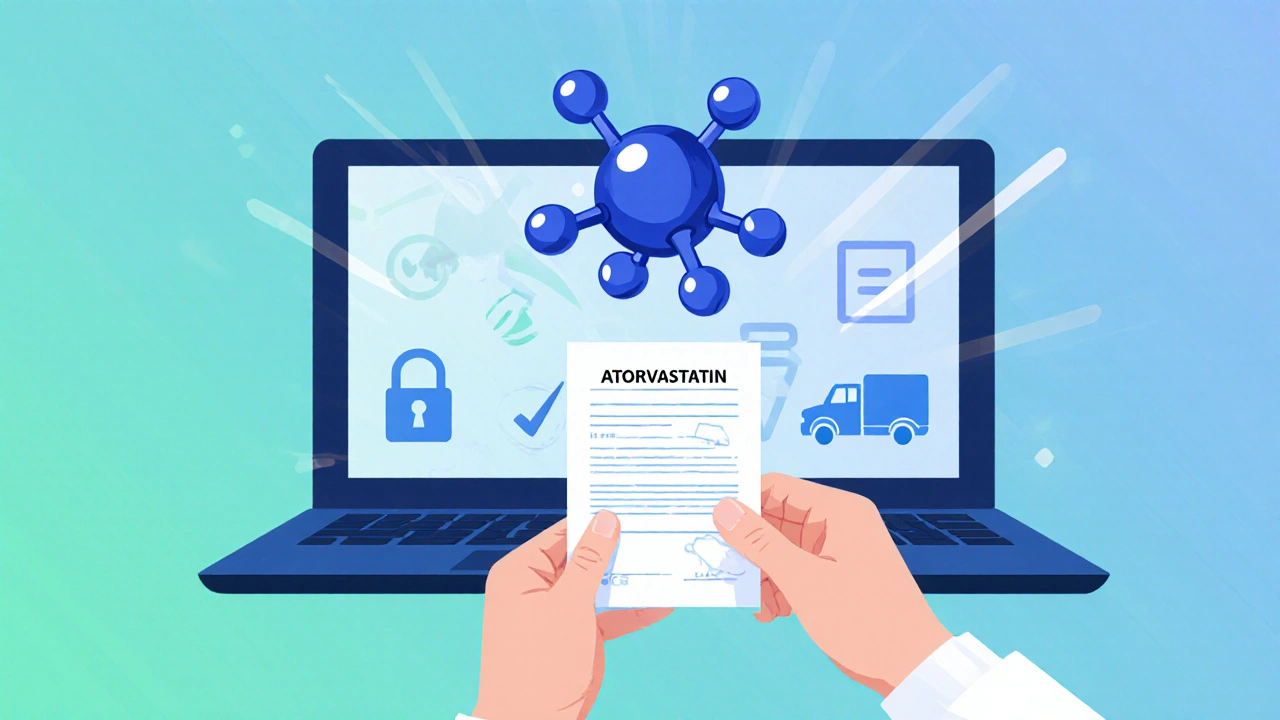Illustration of atorvastatin molecule, doctor holding prescription, and laptop icons for secure online ordering.