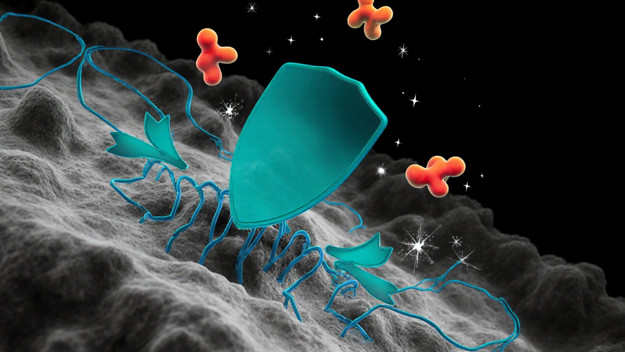 Illustration of Bilastine blocking histamine at an H1 receptor in duotone.