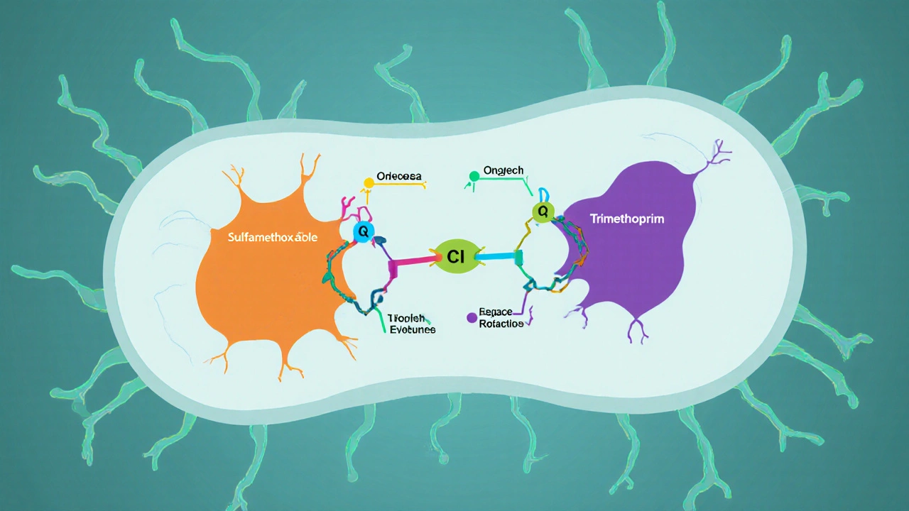 Illustration of two molecules blocking bacterial folic‑acid pathway.