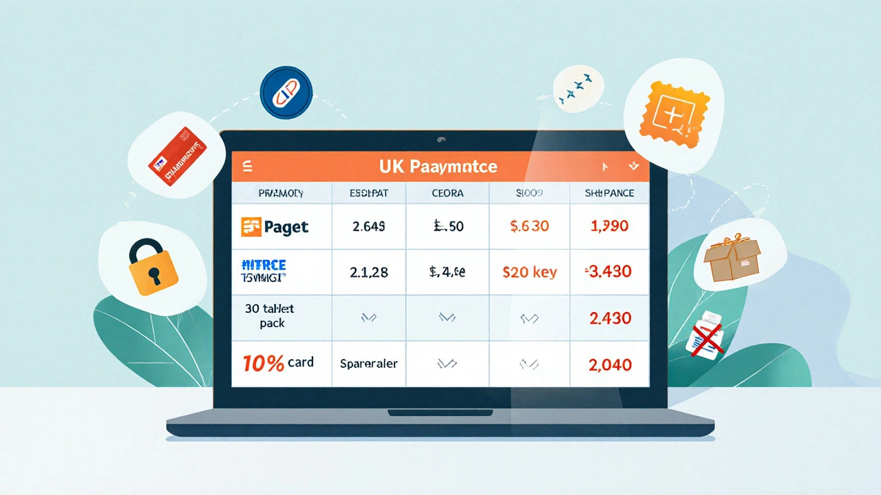 Laptop screen showing a price‑comparison grid of UK pharmacies with discount and delivery icons.