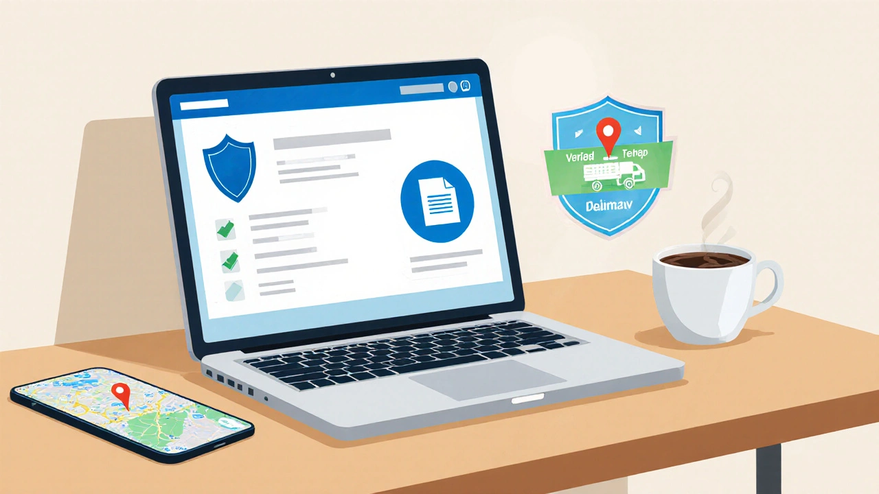 Laptop screen with verification icons and phone showing delivery tracking for safe online pharmacy.