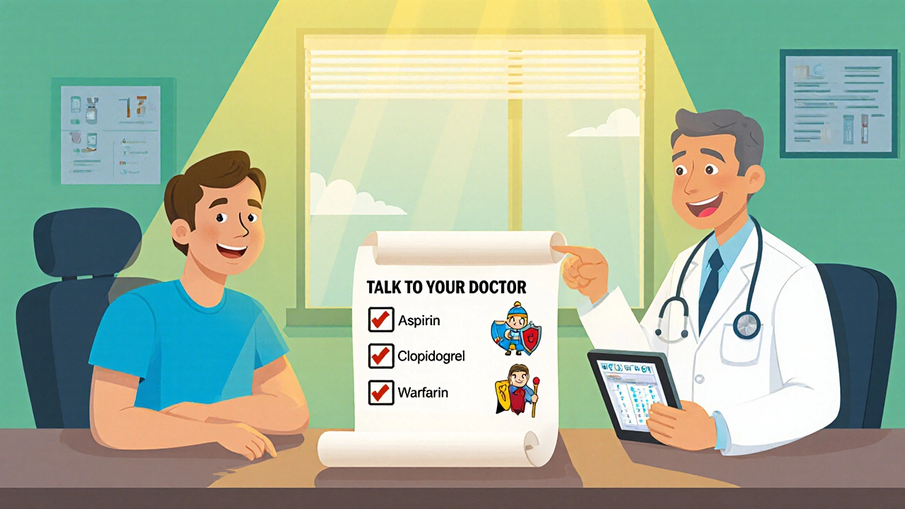Patient and doctor review a colorful checklist with cartoon medicine bottles in a sunny clinic.