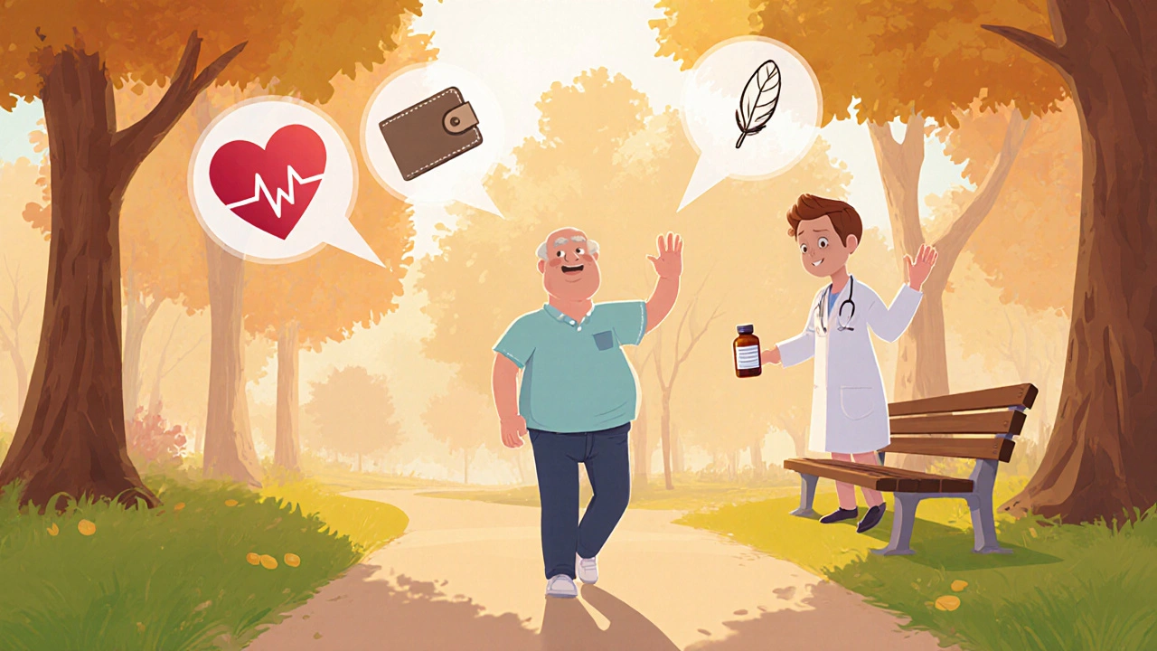 Patient walking in a park after switching meds, doctor handing new prescription.