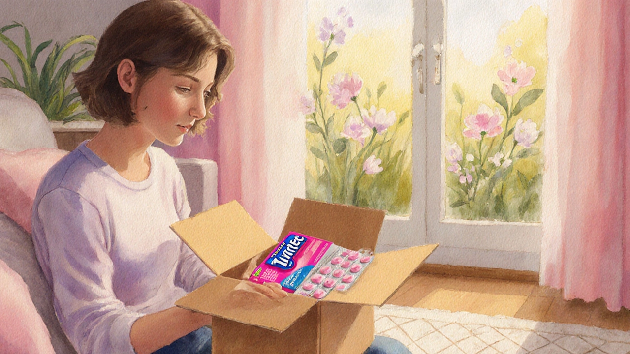 Person opening a delivery box with Zyrtec tablets, feeling allergy relief.