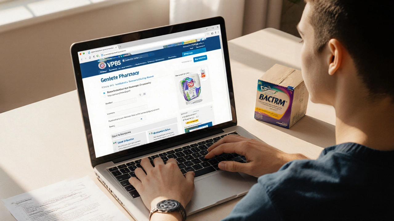 Person ordering generic Bactrim online and receiving the delivered bottle.