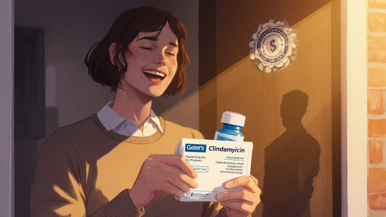 Person receives a parcel with generic clindamycin, checking seal in warm evening light.