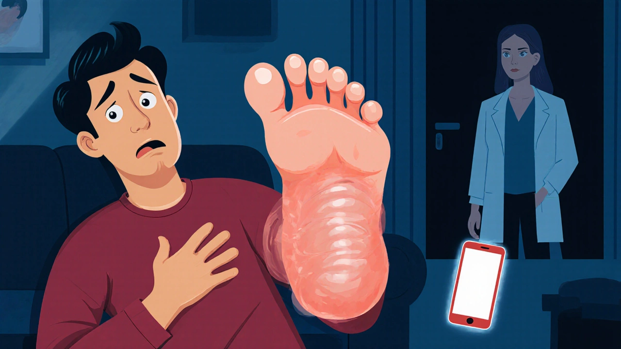 Person with one‑sided swollen foot and chest discomfort, holding a glowing phone in a living room.