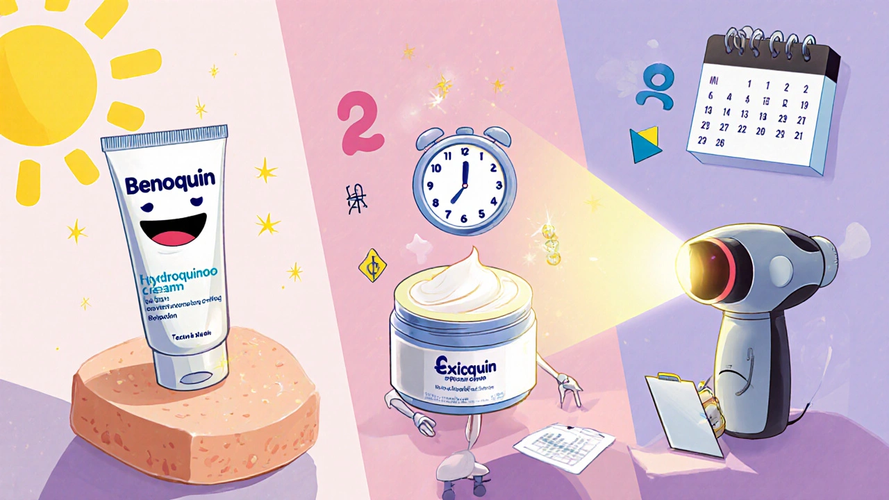 Side‑by‑side cartoon of Benoquin cream, hydroquinone, and excimer laser treatments.