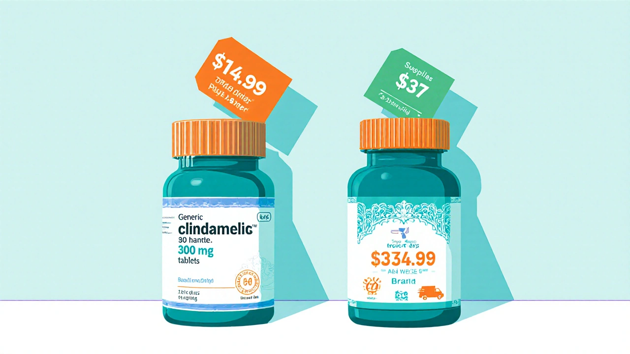 Side‑by‑side view of generic clindamycin bottle cheaper than brand version with price tags.