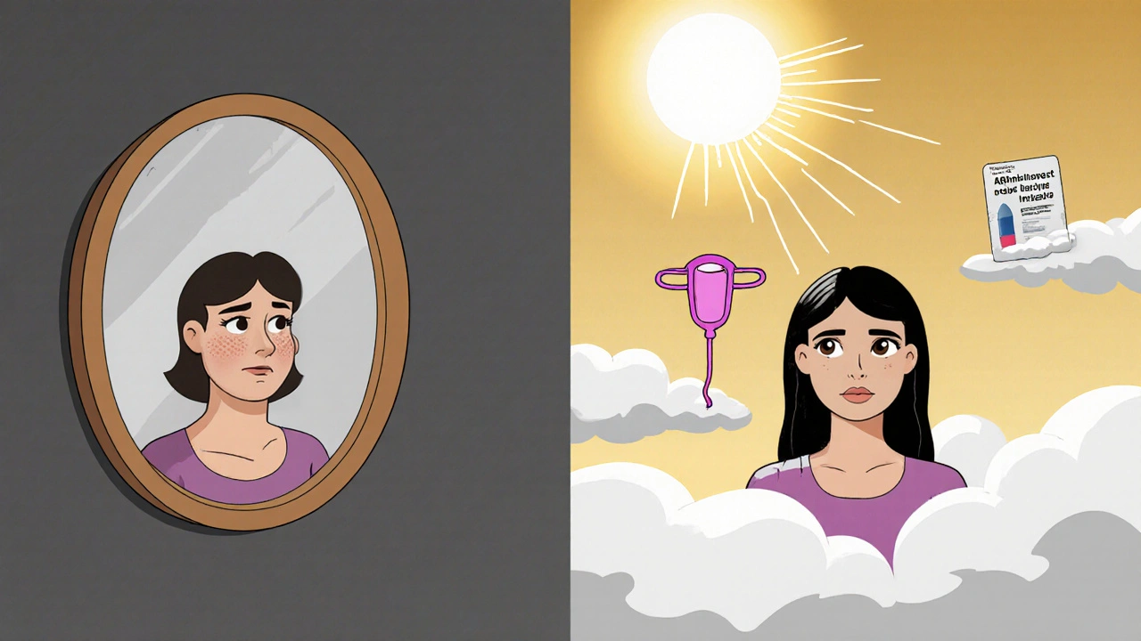 Split image: woman stressed by Provera side effects vs. empowered with alternative treatments.