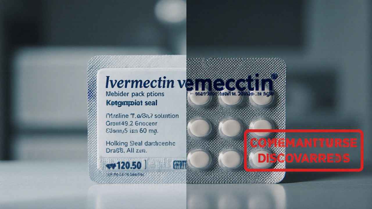 Split view of authentic vs counterfeit ivermectin blister packs highlighting packaging differences.