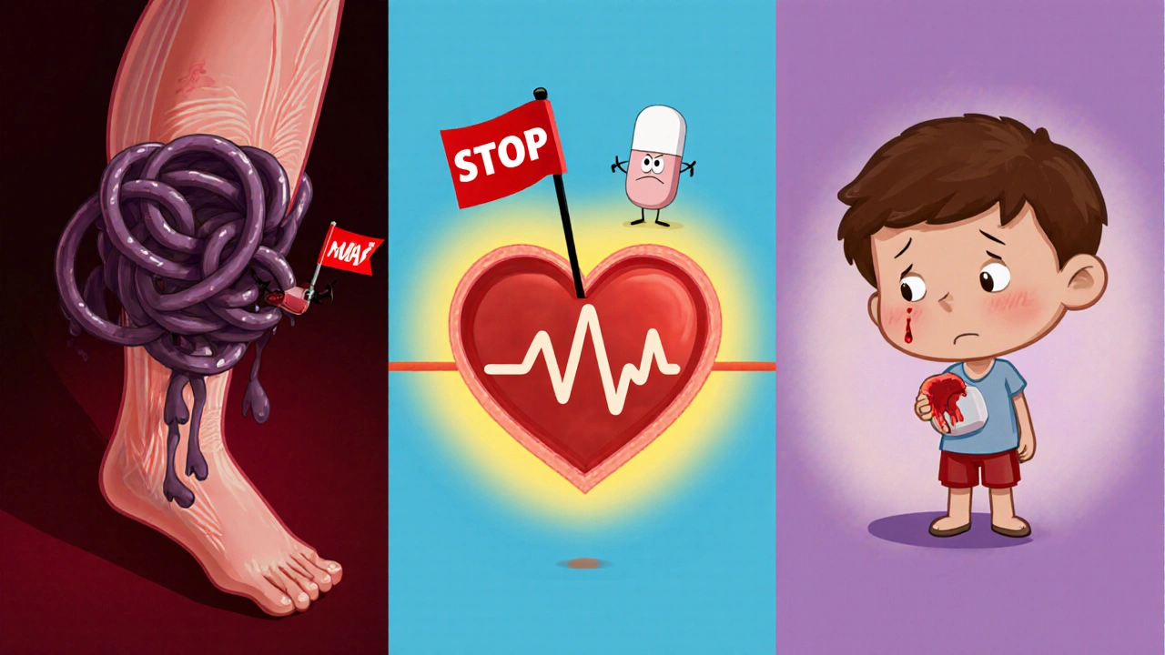 Three panels show deep vein clot, irregular heart rhythm, and bleeding in hemophilia with aspirin characters.