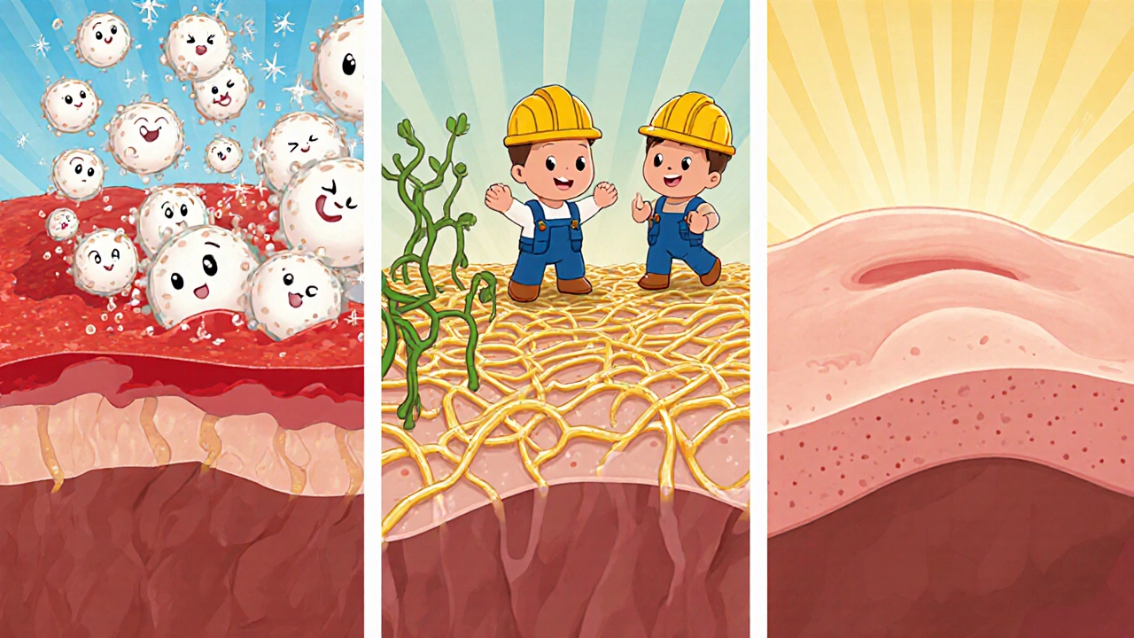 Three panels showing inflammation, proliferation, and remodeling phases of wound healing.