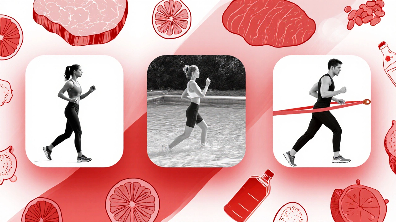 Weekly collage of gentle workouts, iron foods, and water in duotone.