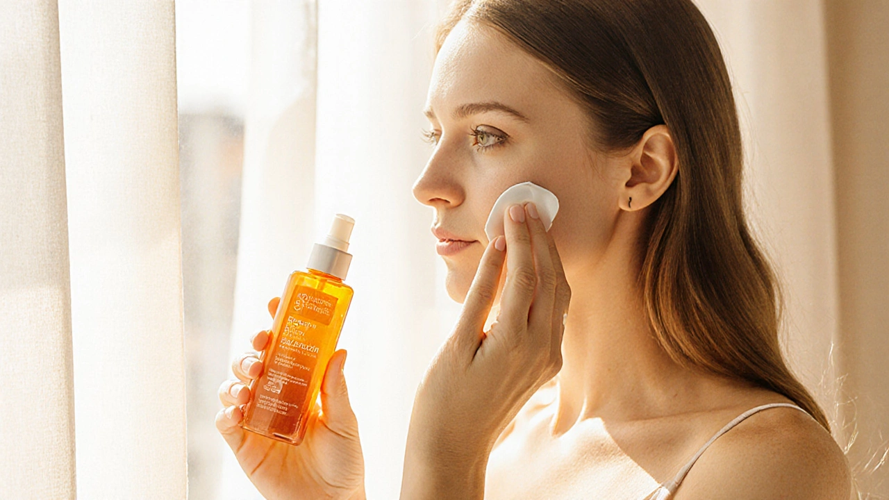 Woman applying brightening cream and sunscreen near a sunny window.