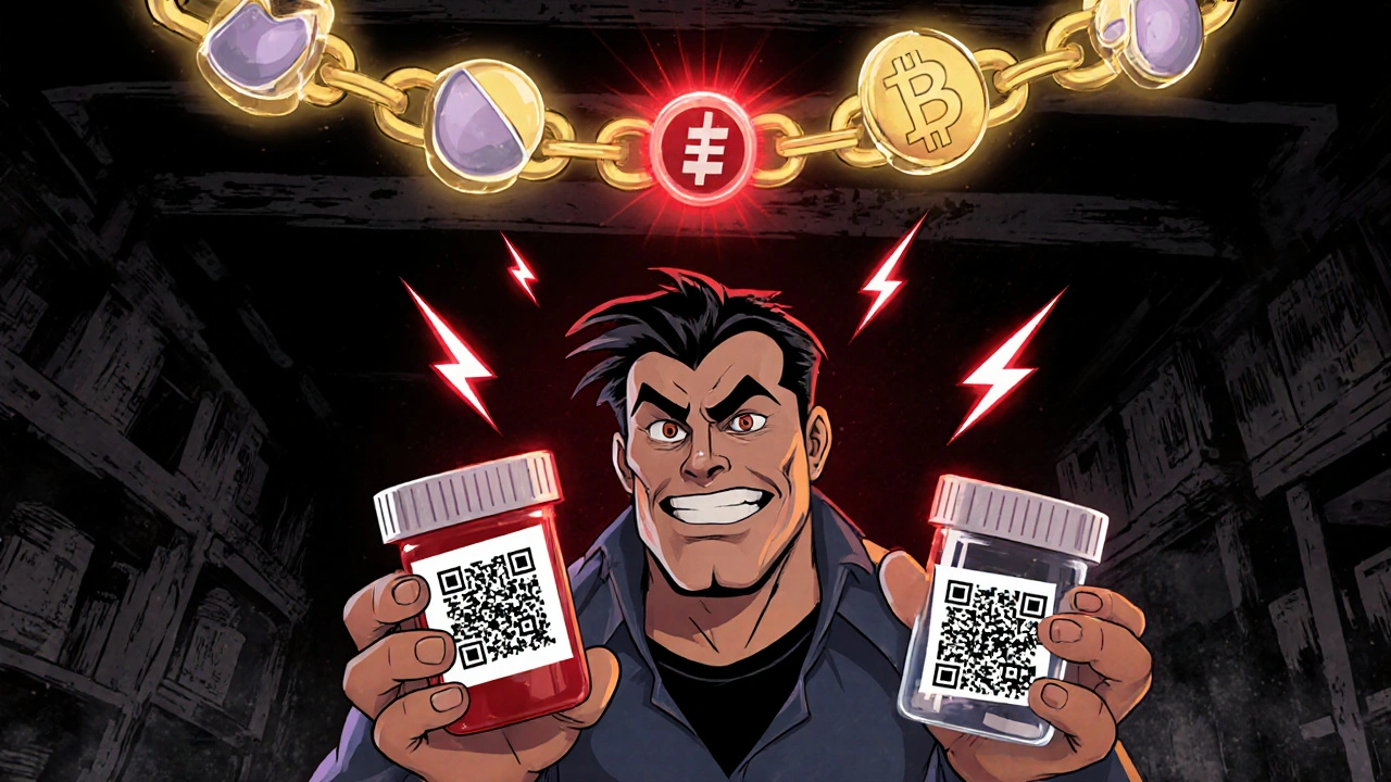 A counterfeit drug smuggler tries to fake QR codes as the blockchain network rejects them with red lightning.