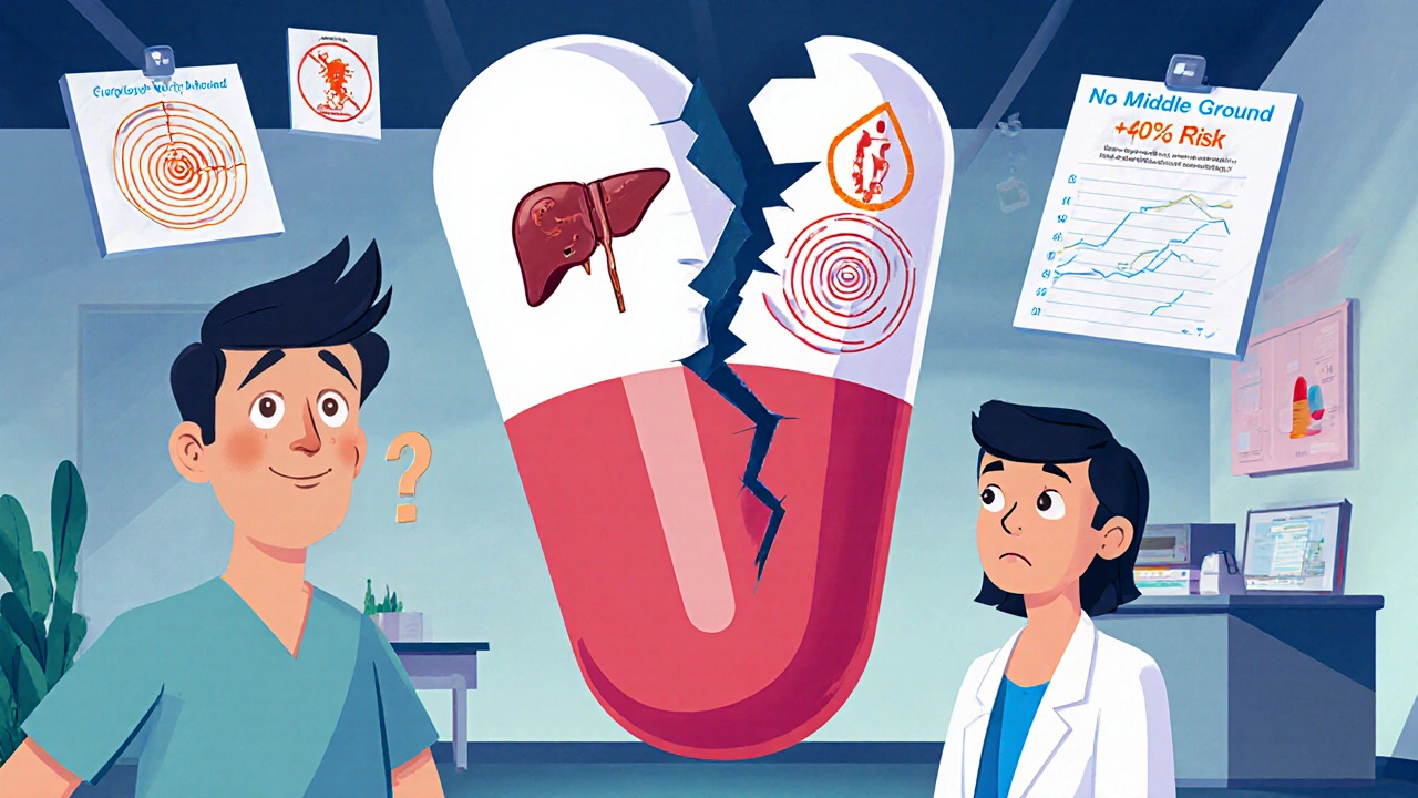 A doctor beside a cracked combination pill revealing danger symbols, with a confused patient and warning charts.