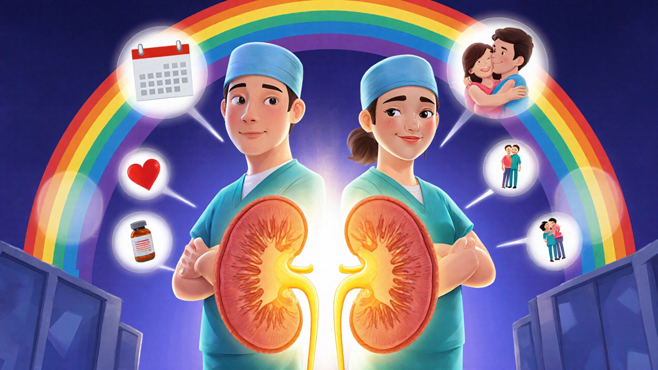 A donor and recipient stand together with a glowing split kidney, surrounded by symbols of health, time, and connection.
