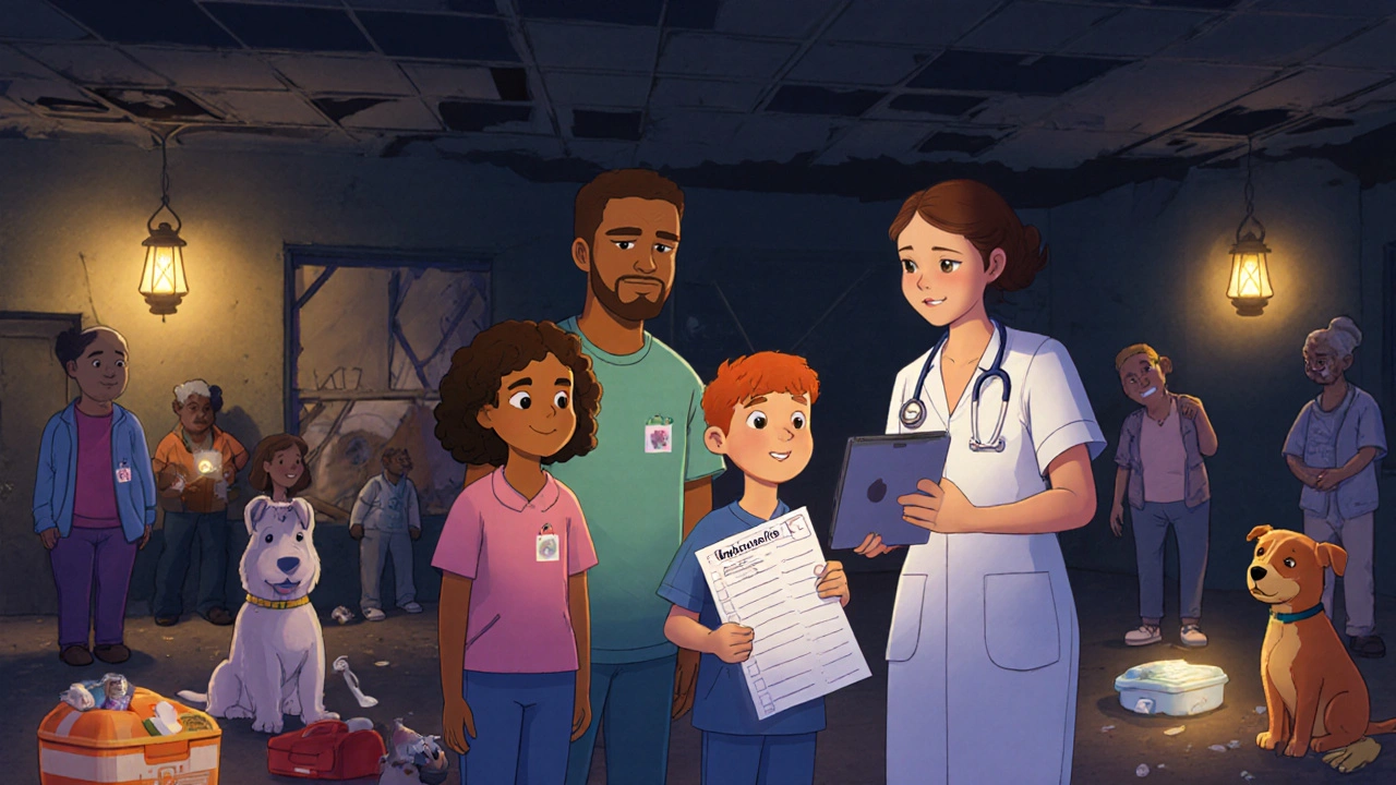 A family in an evacuation center shows a medication list to a nurse under emergency lighting.