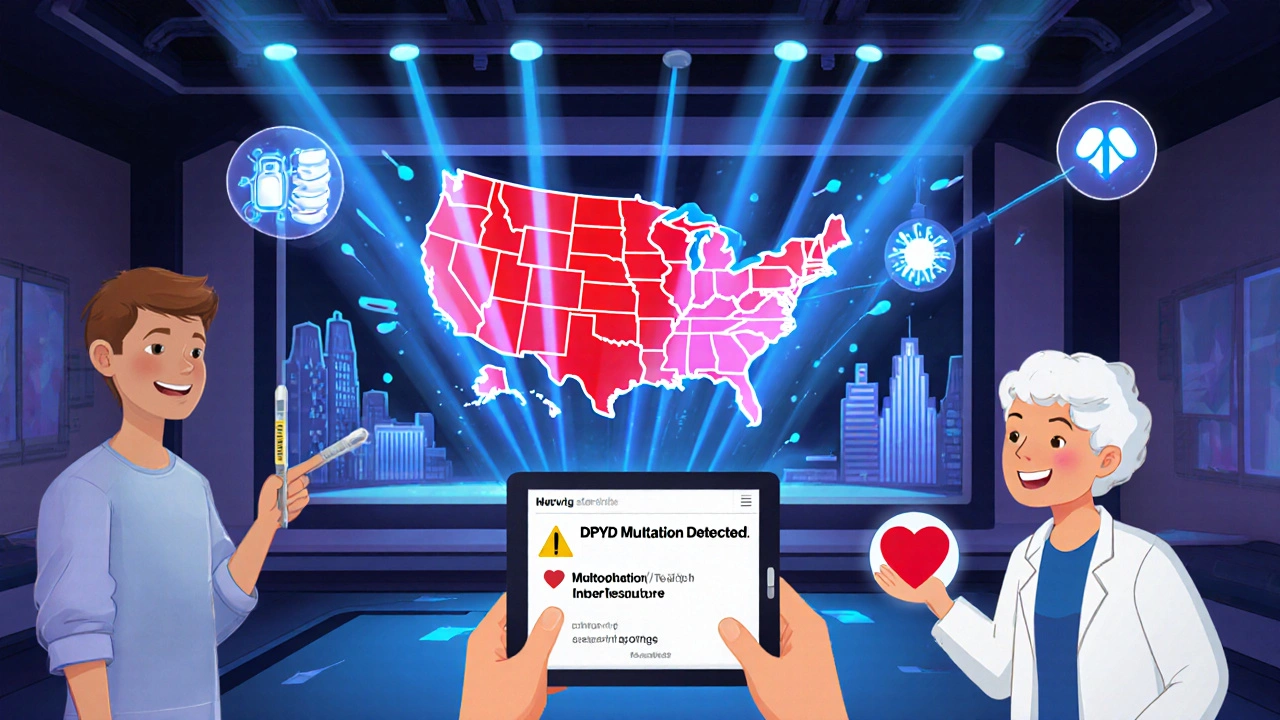 A futuristic clinic with holographic U.S. map showing genetic testing access gaps and connections.